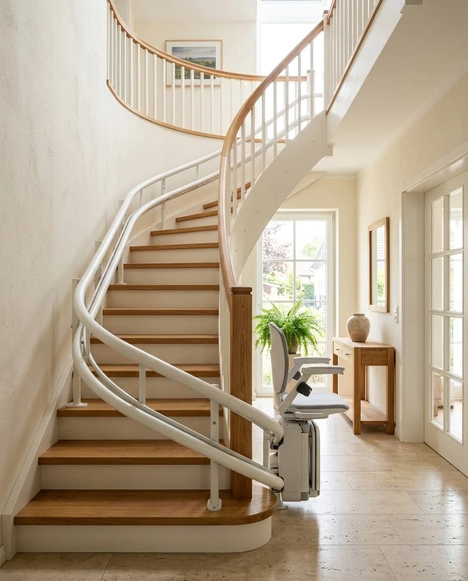 Treppenlift an einer geschwungenen weißen Treppe mit Holzstufen (Illustration)