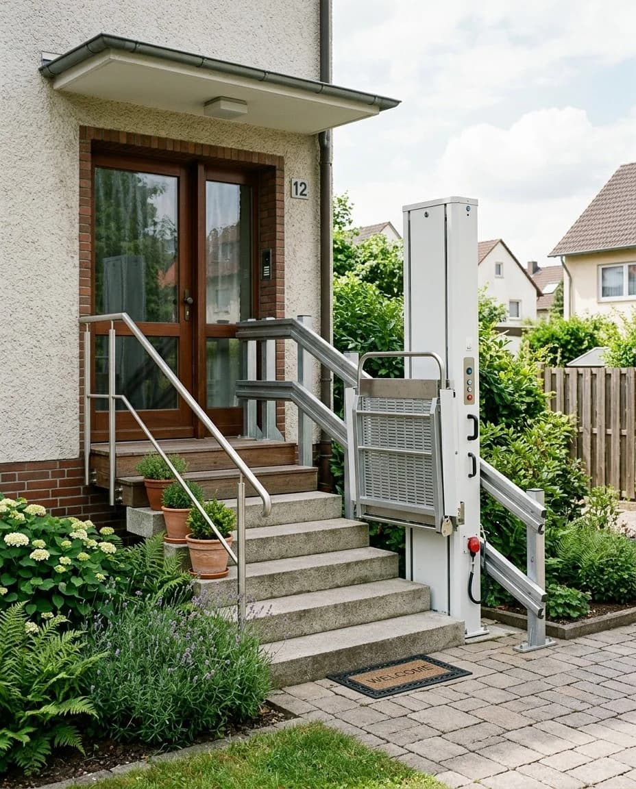 Plattformlift vor einem Hauseingang mit Treppe (Illustration)